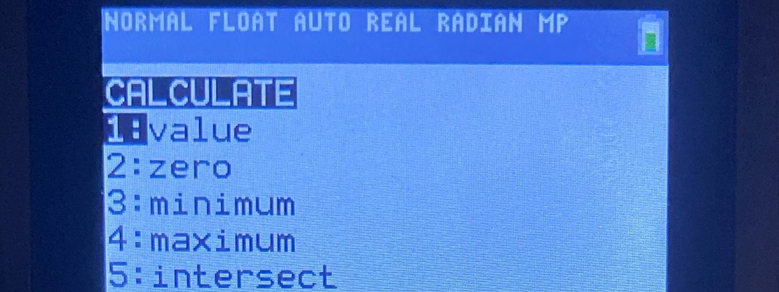 L'écran d'une calculatrice graphique affichant le menu CALCULATE : value, zero, minimum, maximum, intersect