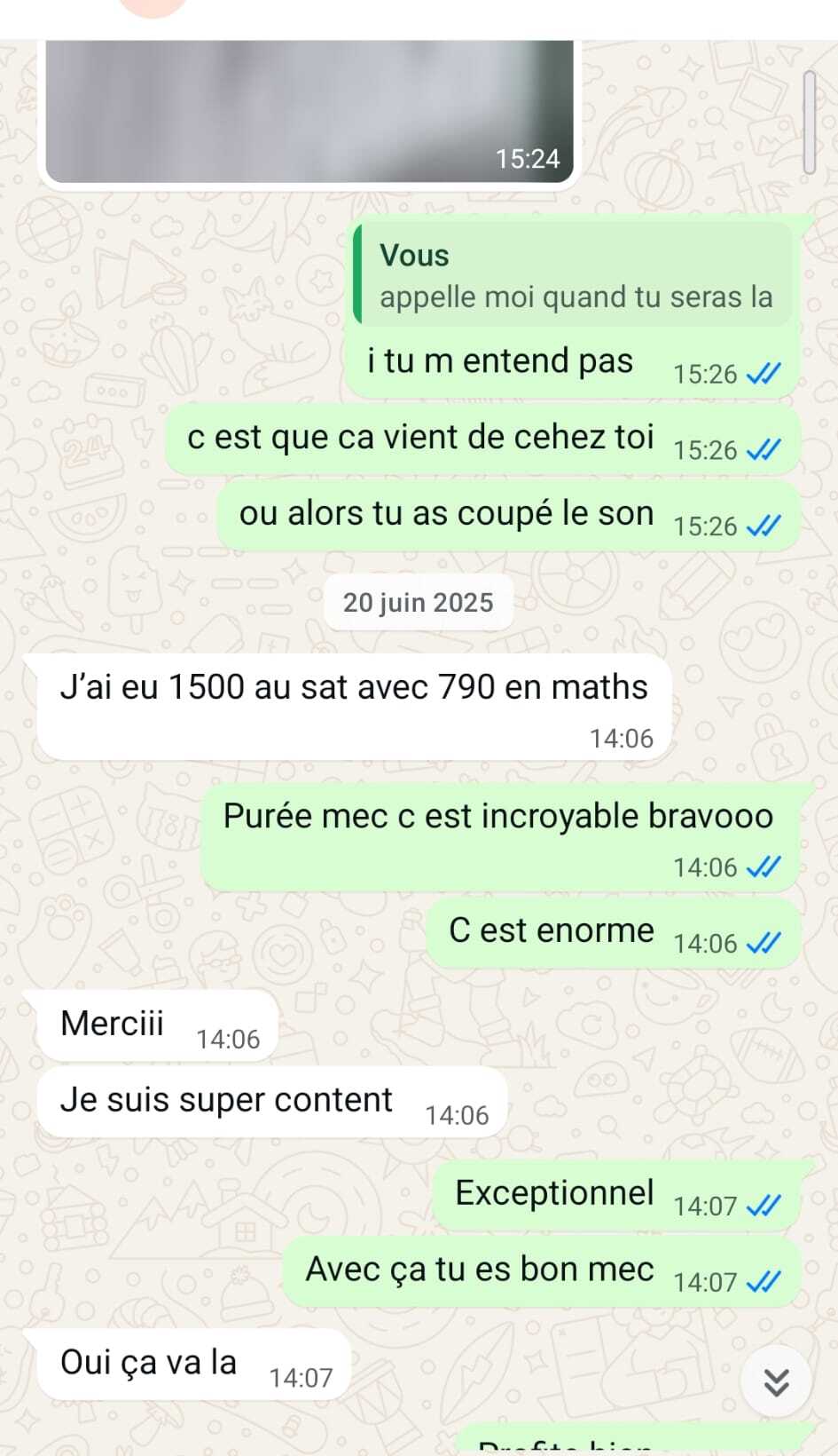 Conversation WhatsApp - SAT 1500, 790 en maths
